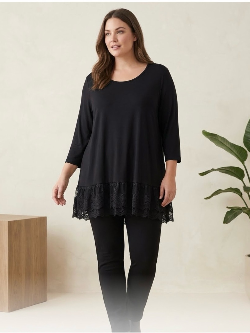Black Women's Long Sleeve Lace-Hem Top -